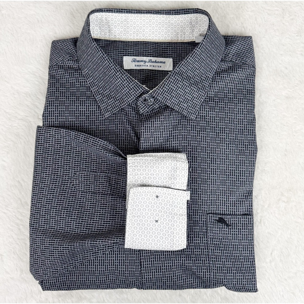 Tommy Bahama Sarasota Stretch Shirt Mens Large Black Gray Geometric Long Sleeve